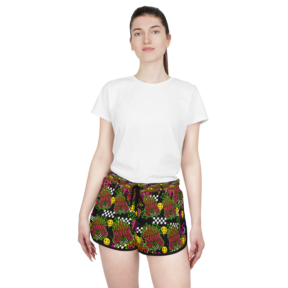 Women's Relaxed Skull Print Shorts - Mama with Flames & Goth Collage
