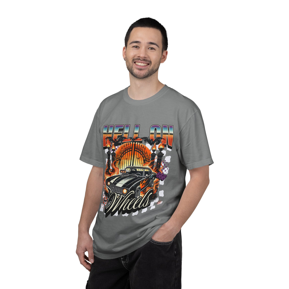 Hell on Wheels car graphic T-Shirt | vintage muscle car, gate and flames