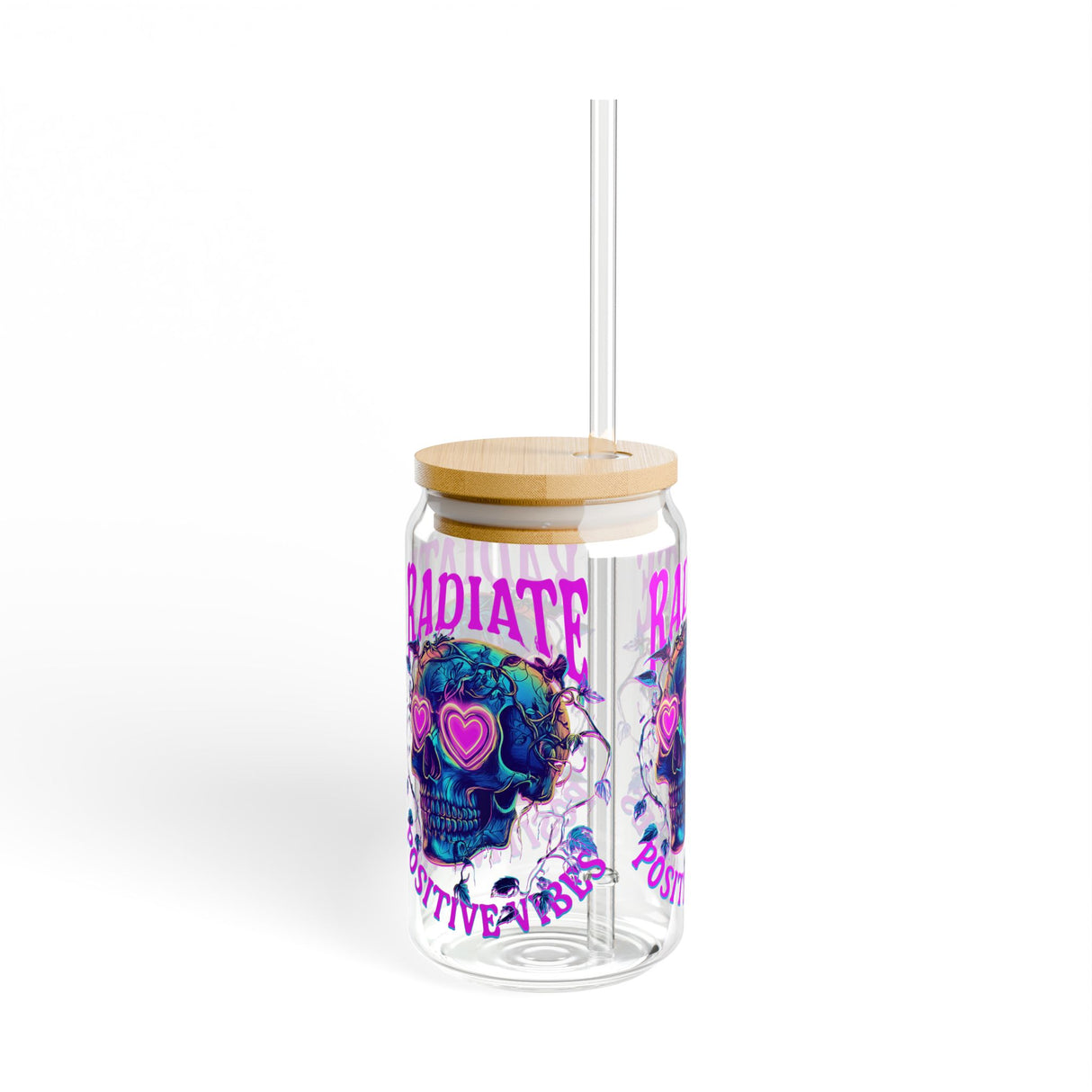 RADIATE POSITIVE VIBES- CRYSTALS & SKELEON - Sipper Glass - 16oz with Tattoo-Inspired Design