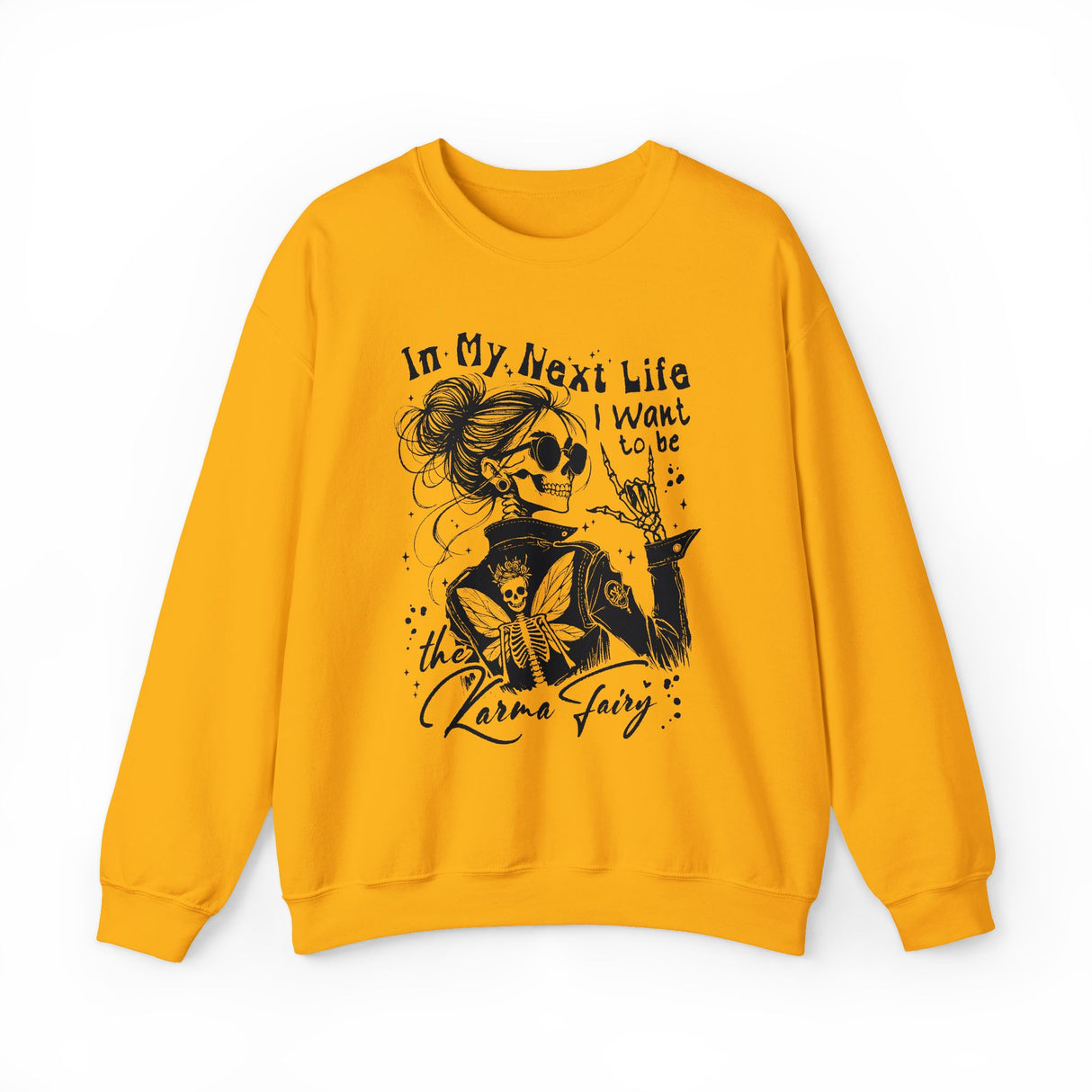 Karma Fairy Skeleton Illustration Crewneck Sweatshirt | Goth Skull Art, Boho Butterfly