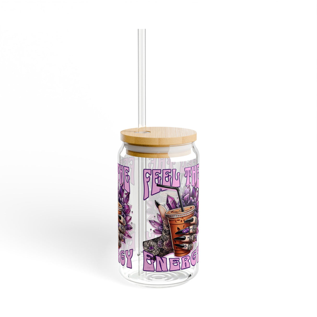 FELL THE ENERGY - CAFFEINE AND CRYSTALS - SOME ARE GATHERING CRYSTALS - Sipper Glass - 16oz with Tattoo-Inspired Design