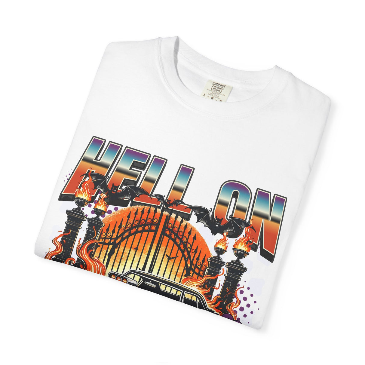 Hell on Wheels car graphic T-Shirt | vintage muscle car, gate and flames