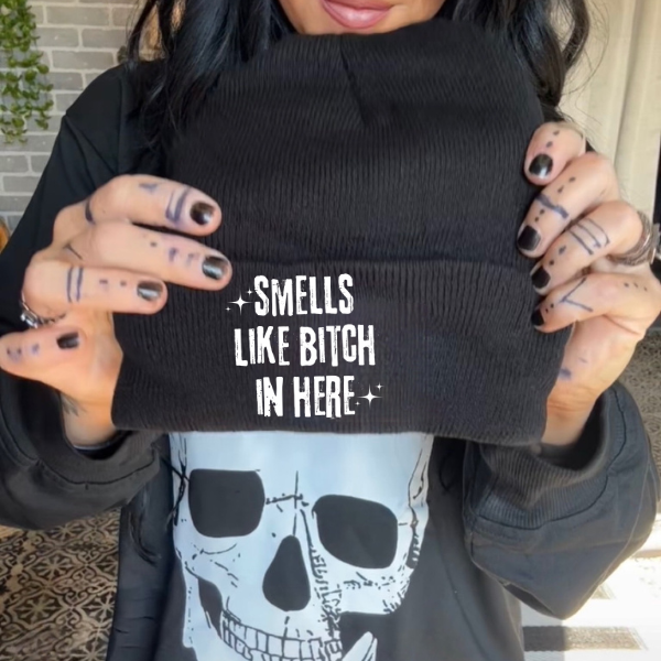 Smells Like Bitch In Here Faux Patch Black or Neon Pink Beanie