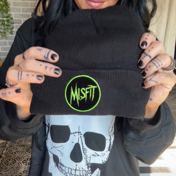 Misfit (Green Lettering) Faux Patch Black or Neon Pink Beanie