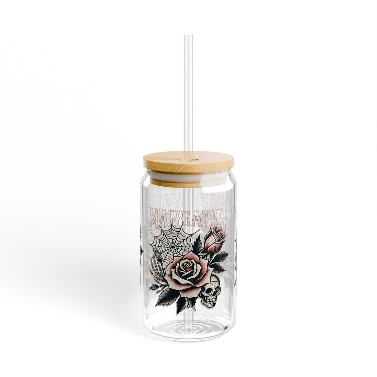 MANEATER - FLOWER AND SKULL - Sipper Glass - 16oz with Tattoo-Inspired Design