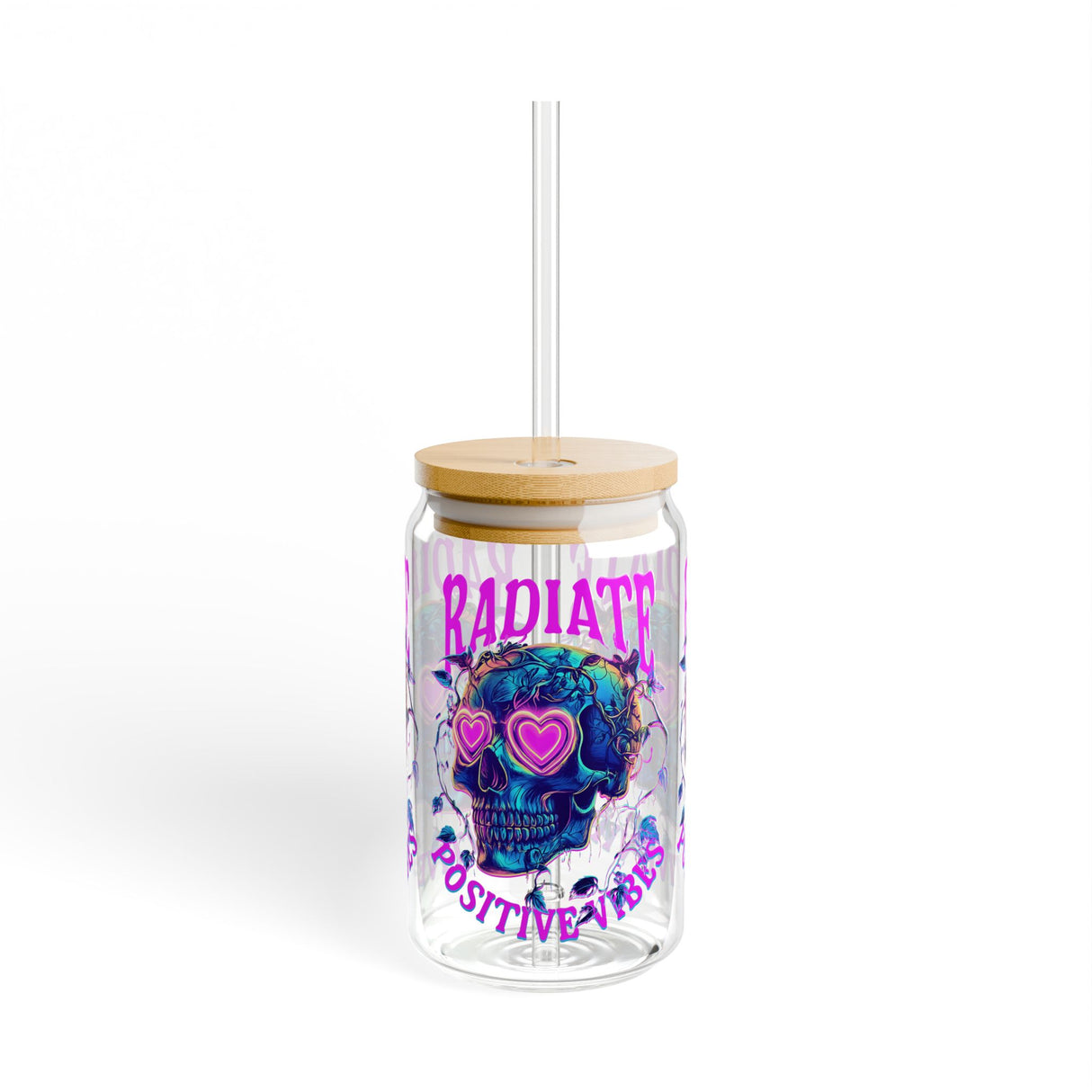 RADIATE POSITIVE VIBES- CRYSTALS & SKELEON - Sipper Glass - 16oz with Tattoo-Inspired Design