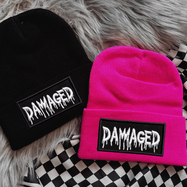 Damaged Faux Patch Black or Neon Pink Beanie