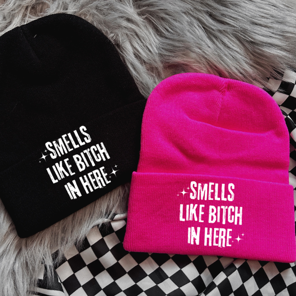 Smells Like Bitch In Here Faux Patch Black or Neon Pink Beanie