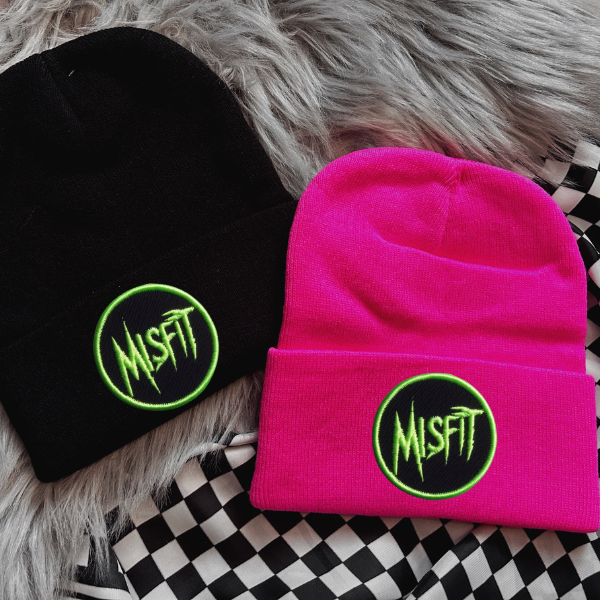 Misfit (Green Lettering) Faux Patch Black or Neon Pink Beanie