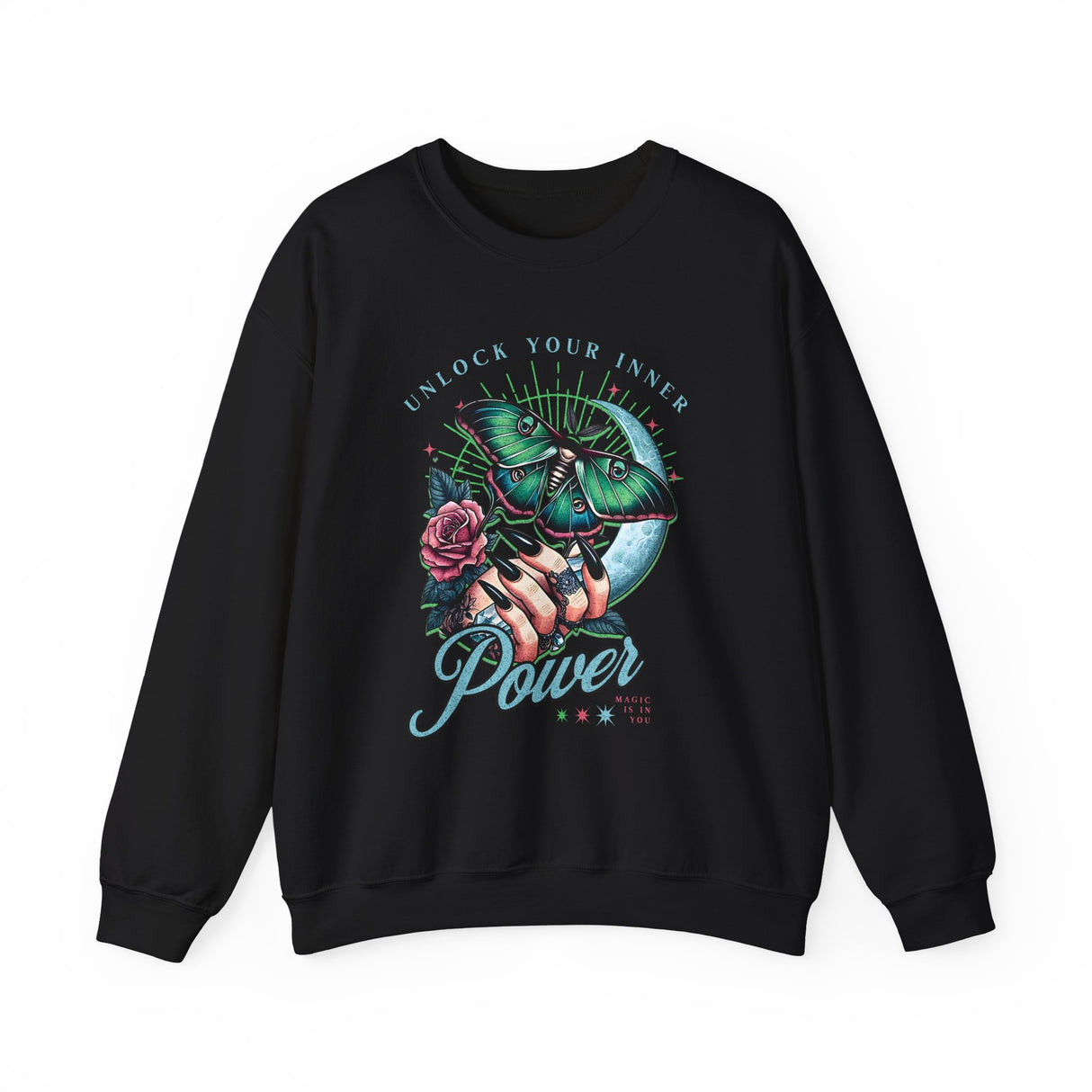 Unlock Your Inner Power crewneck sweatshirt | Moth, rose, moon illustration