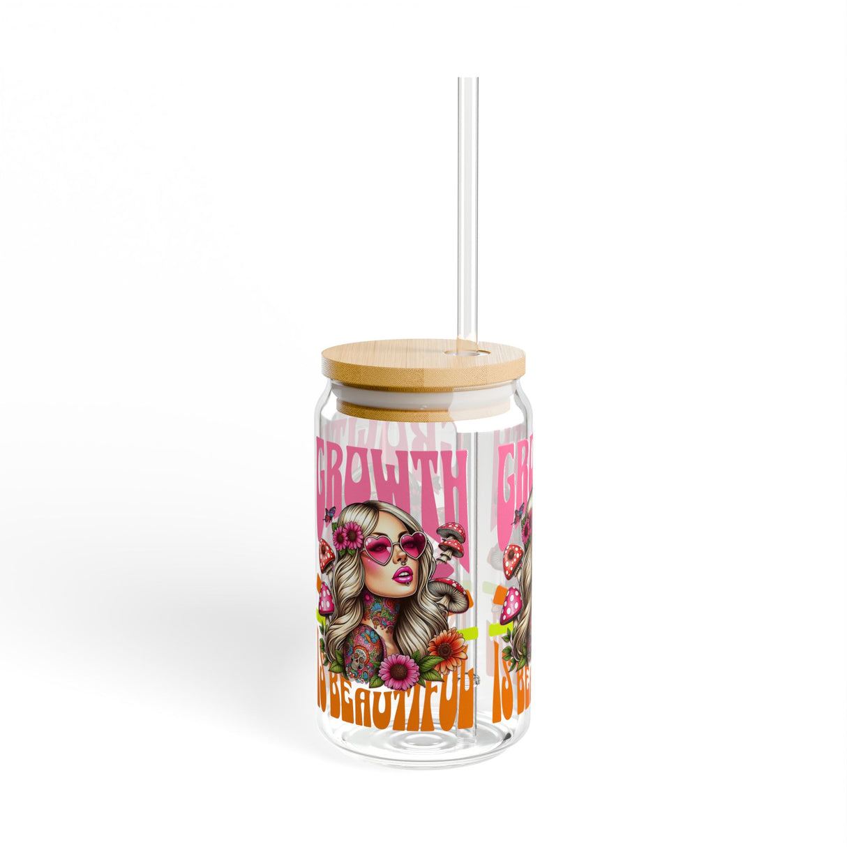 *EXCLUSIVE* GROWTH IS POSITIVE - RETRO VIBES - Sipper Glass - 16oz with Tattoo-Inspired Design