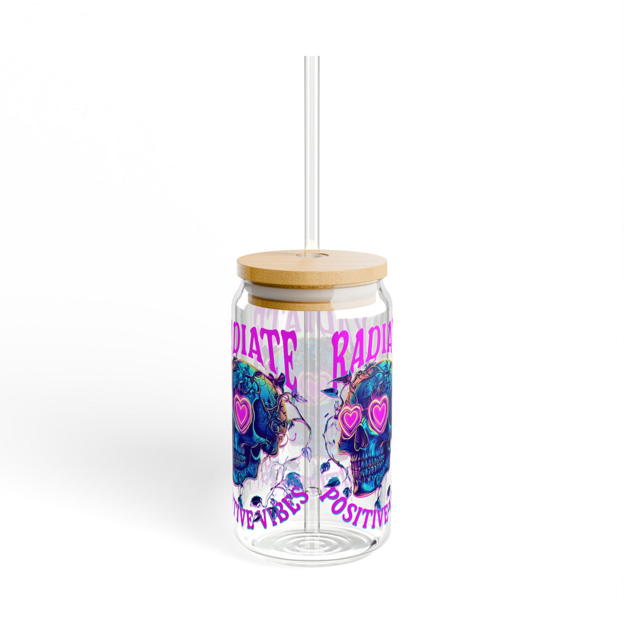 RADIATE POSITIVE VIBES- CRYSTALS & SKELEON - Sipper Glass - 16oz with Tattoo-Inspired Design