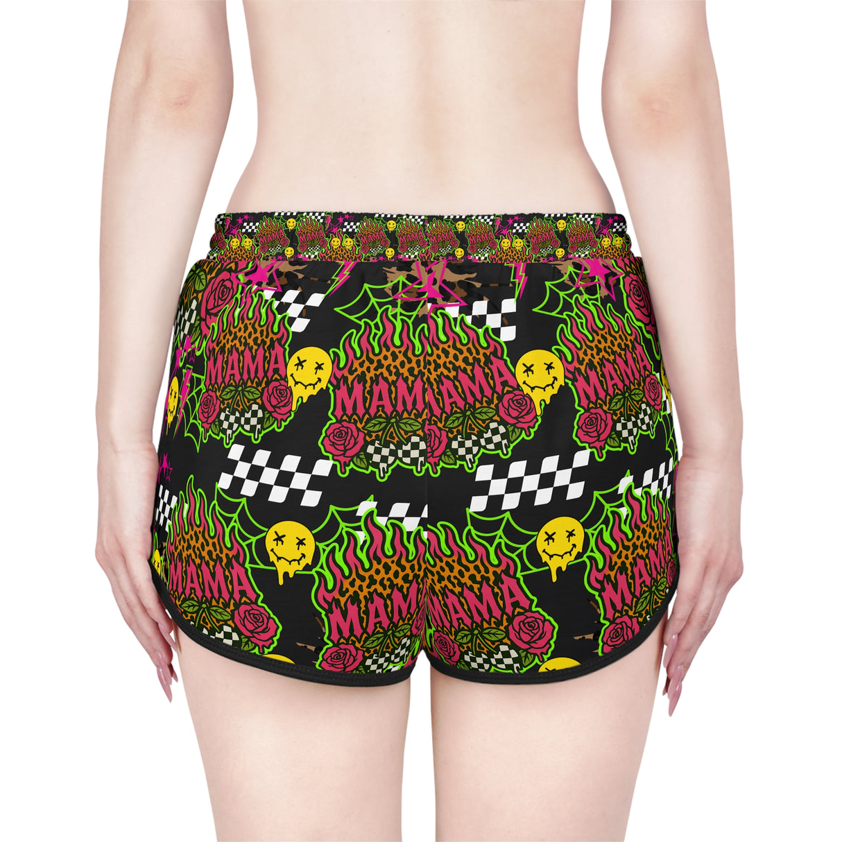 Women's Relaxed Skull Print Shorts - Mama with Flames & Goth Collage