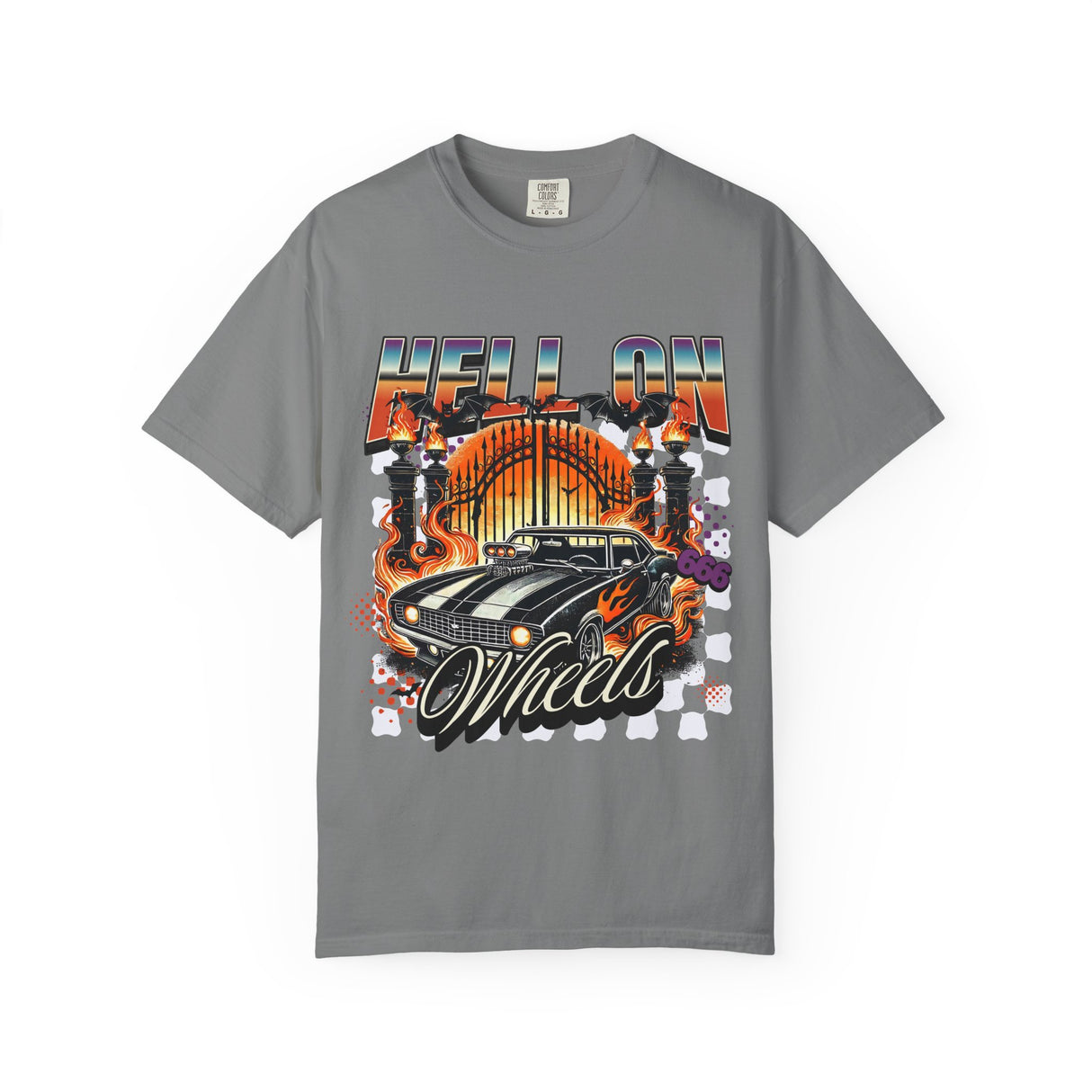 Hell on Wheels car graphic T-Shirt | vintage muscle car, gate and flames