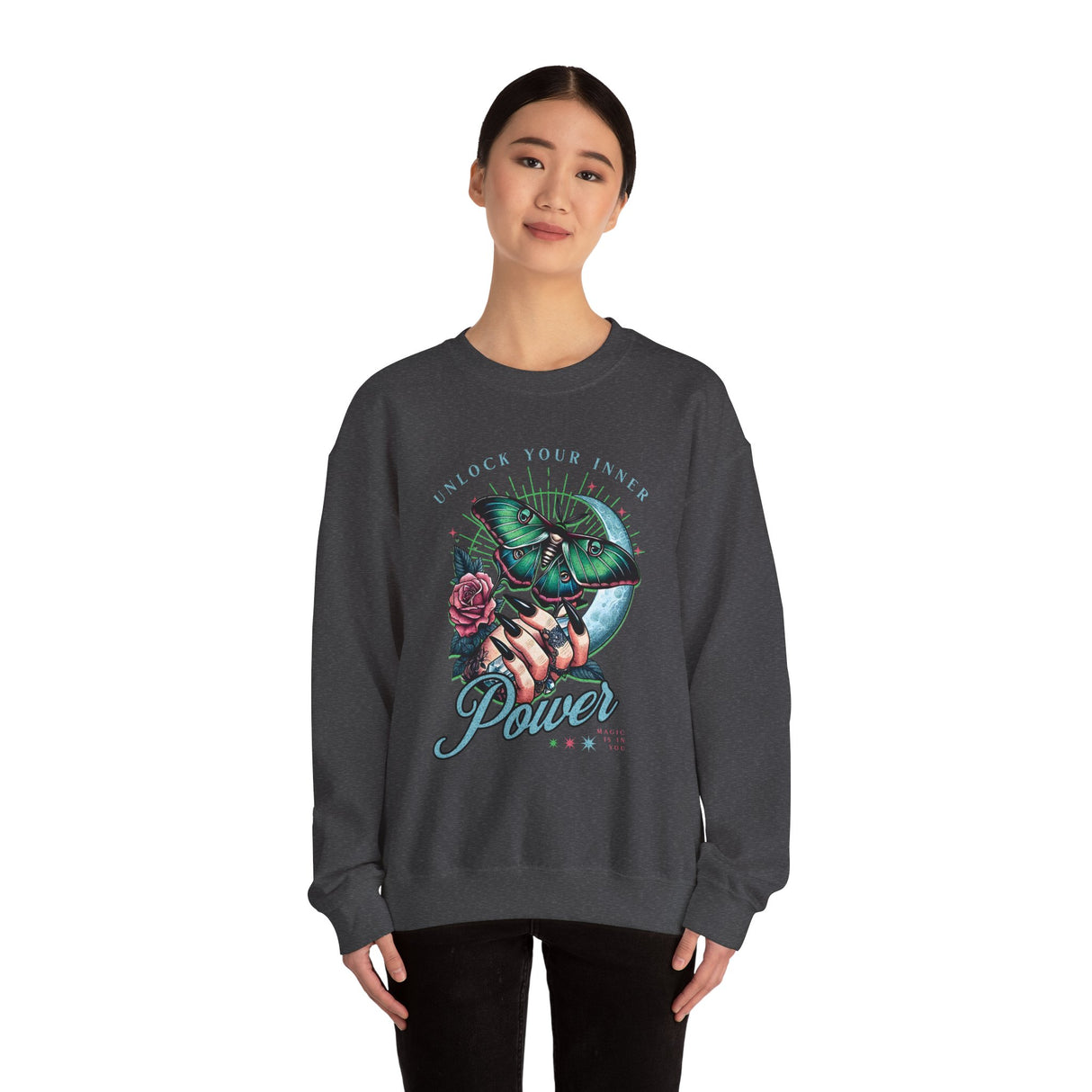Unlock Your Inner Power crewneck sweatshirt | Moth, rose, moon illustration
