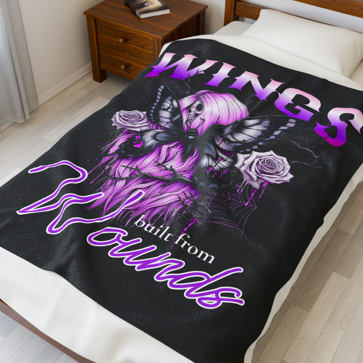 Wings Built from Wounds Velveteen Plush Blanket - Cozy Gothic Decor for Self-Love & Healing