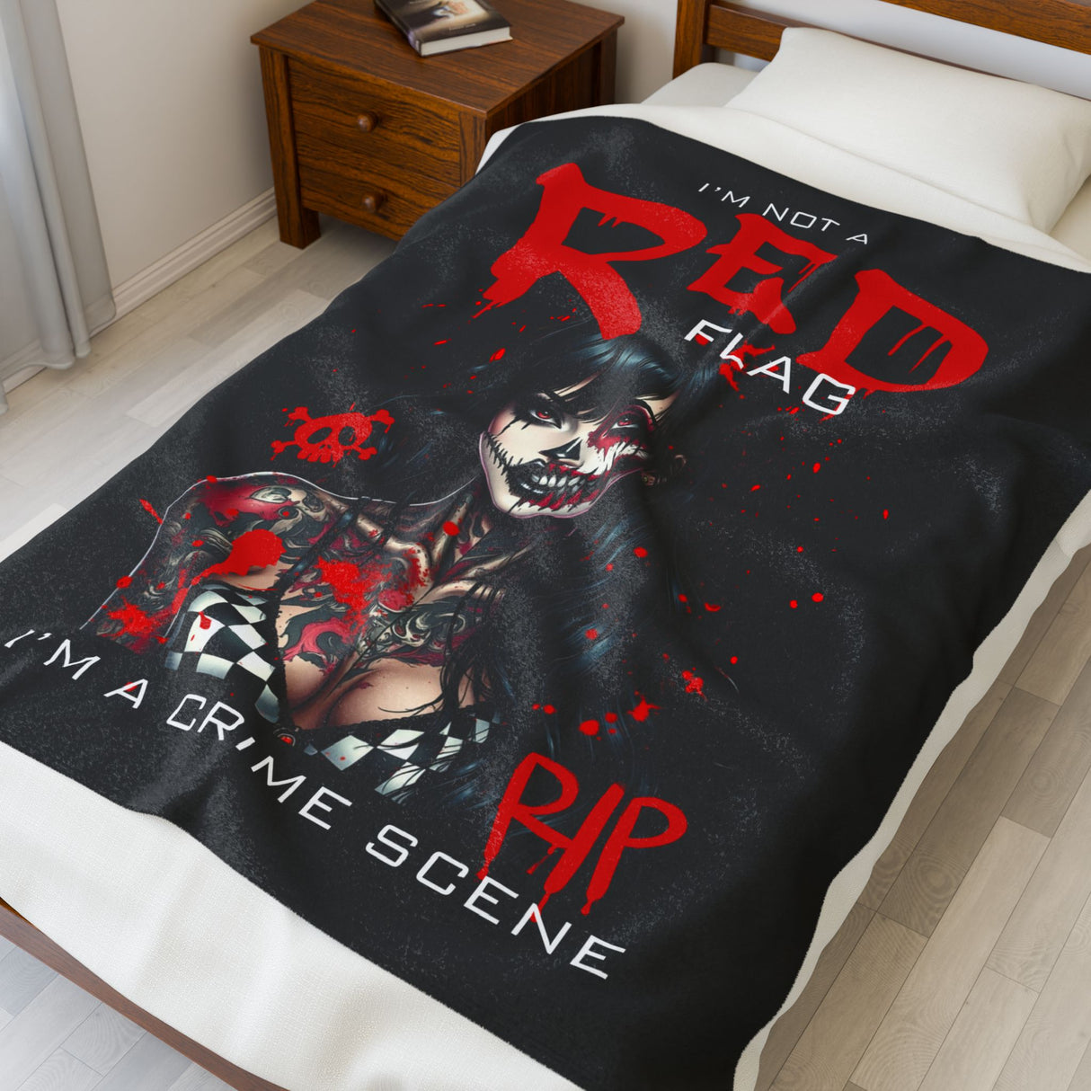 Gothic Velvet Plush Blanket - "I'm Not a Red Flag, I'm a Crime Scene" Design
