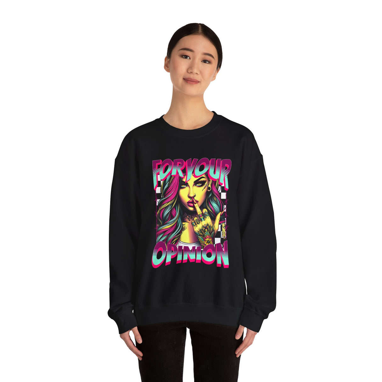 For Your Opinion graphic crewneck, edgy neon girl illustration
