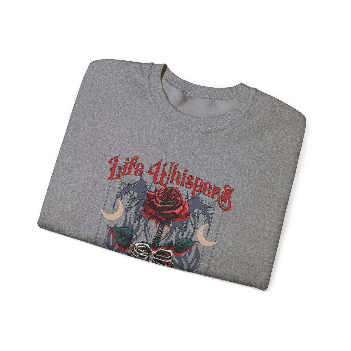 Life Whispers Keep Going Rose Skeleton Chest Crewneck Sweatshirt | Gothic Moon Graphic