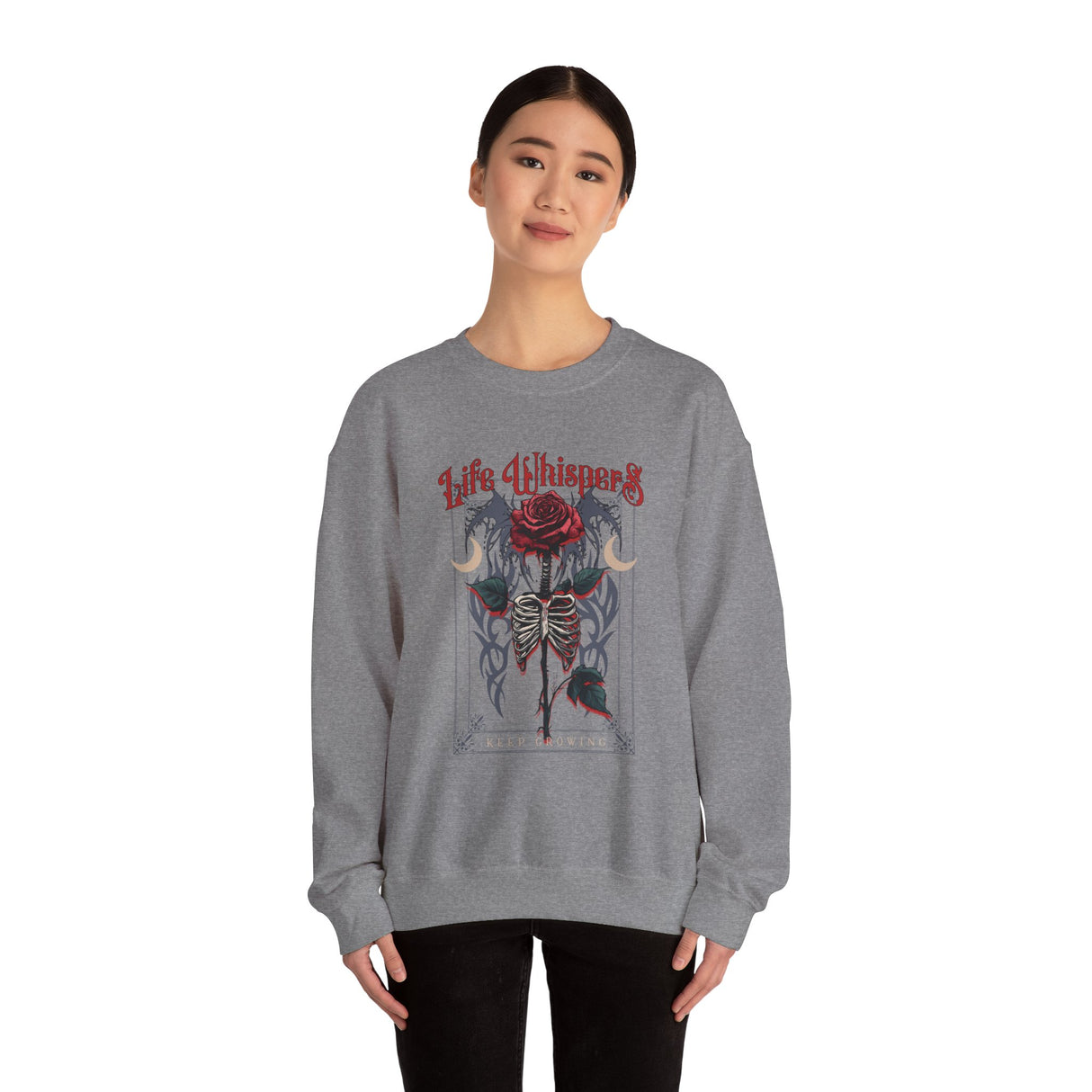 Life Whispers Keep Going Rose Skeleton Chest Crewneck Sweatshirt | Gothic Moon Graphic