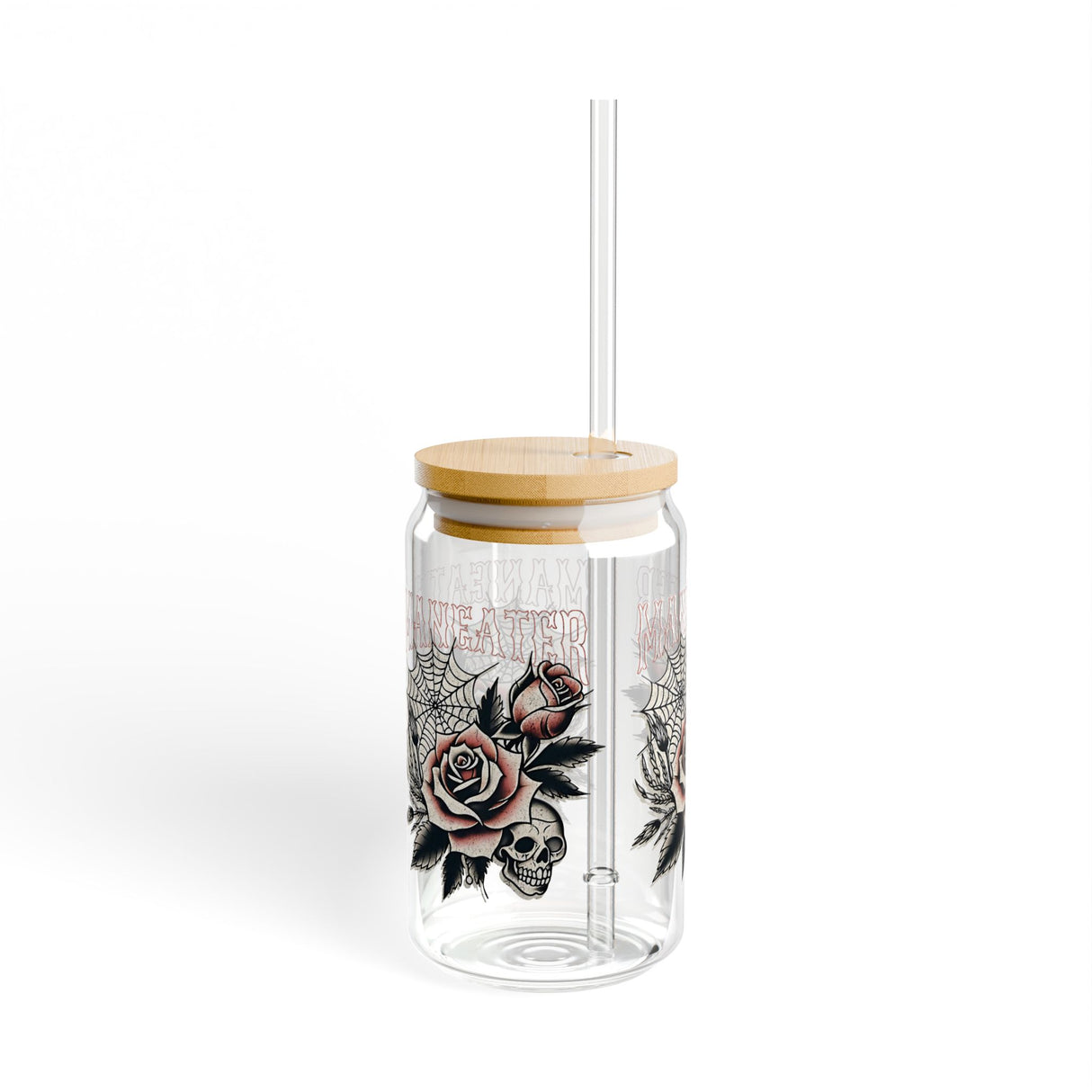 MANEATER - FLOWER AND SKULL - Sipper Glass - 16oz with Tattoo-Inspired Design