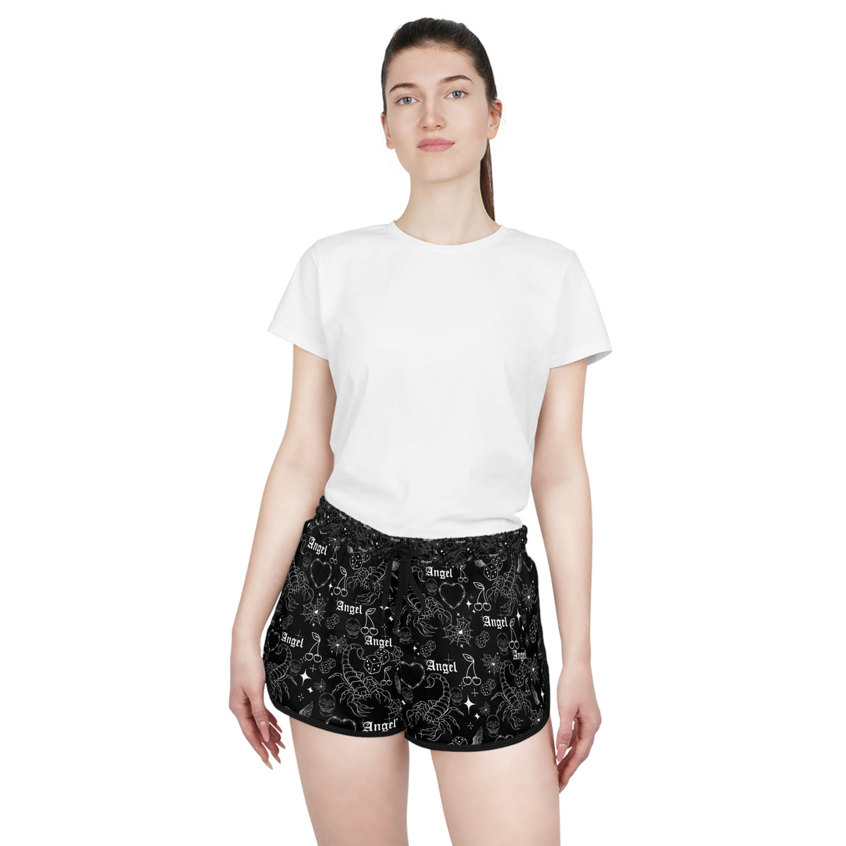 Women's Relaxed Skull Print Shorts - Angel Goth Collage