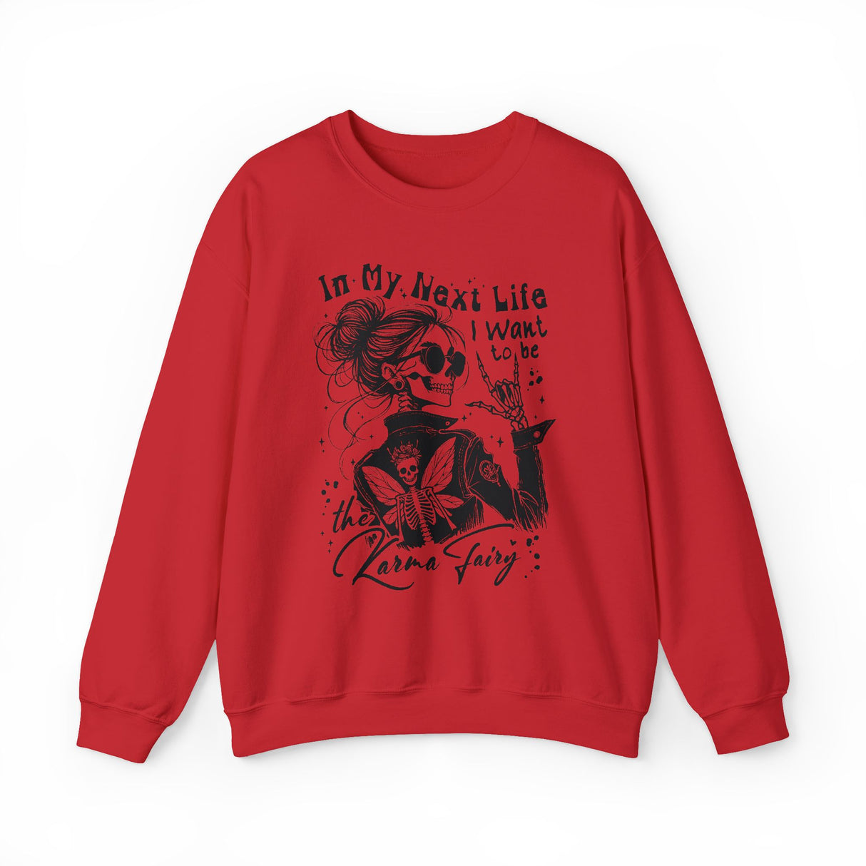 Karma Fairy Skeleton Illustration Crewneck Sweatshirt | Goth Skull Art, Boho Butterfly