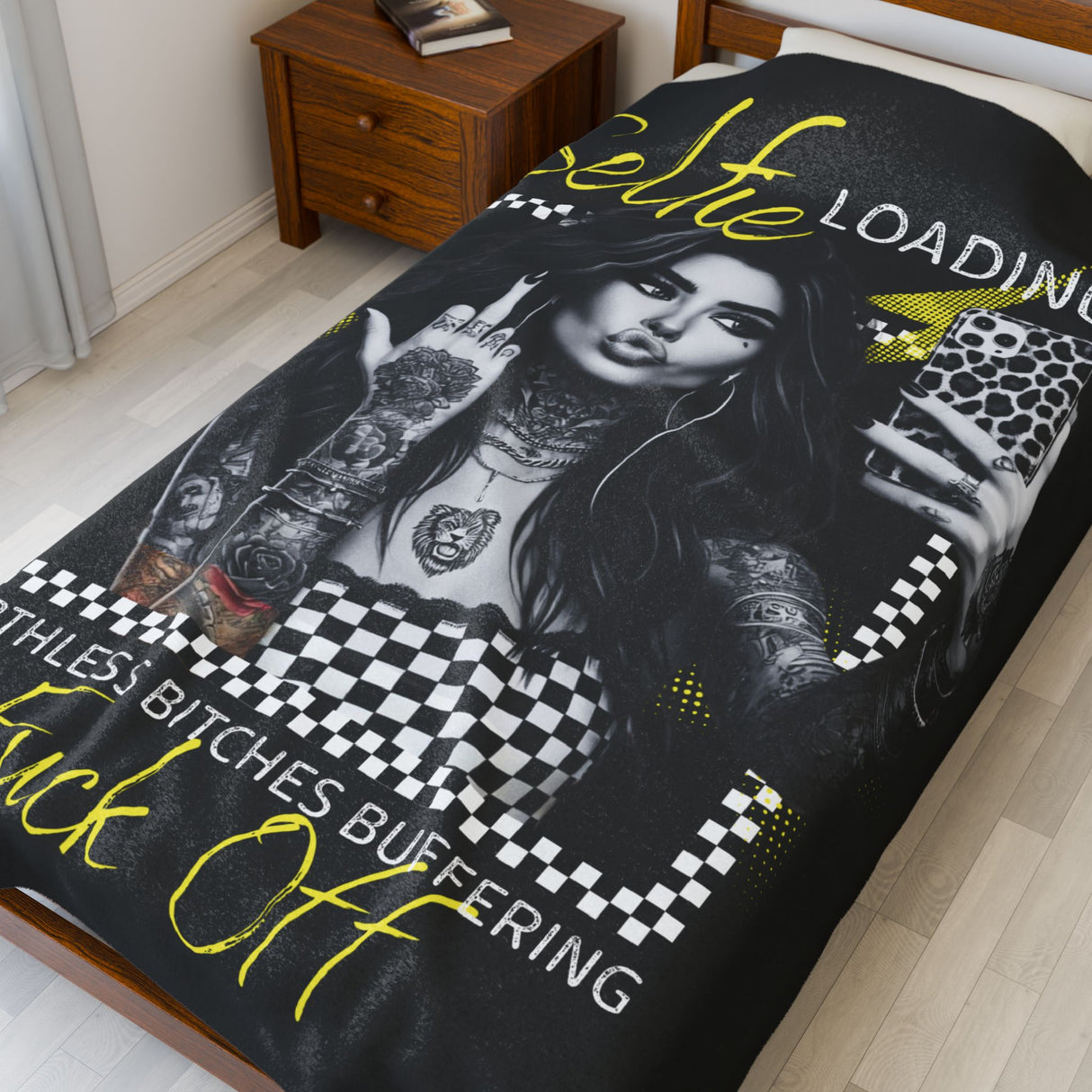 Selfie Loading, Worthless Bitches Buffering, Fuck Off - Velveteen Plush Blanket - Cozy Decorative Throw for Home
