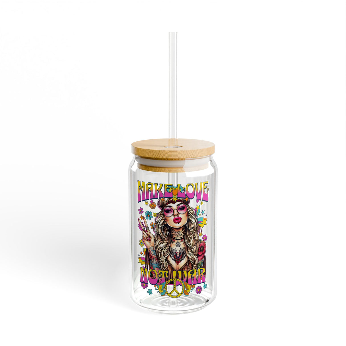 *EXCLUSIVE*MAKE LOVE NOT WAR Motivational Sipper Glass - 16oz with Tattoo-Inspired Design