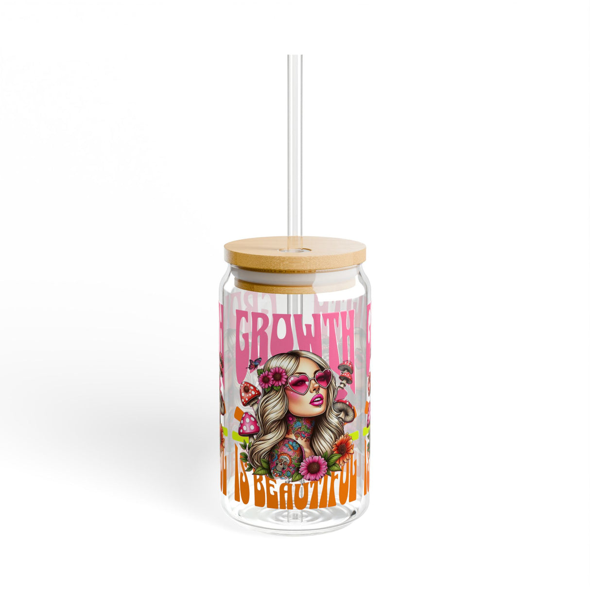 *EXCLUSIVE* GROWTH IS POSITIVE - RETRO VIBES - Sipper Glass - 16oz with Tattoo-Inspired Design