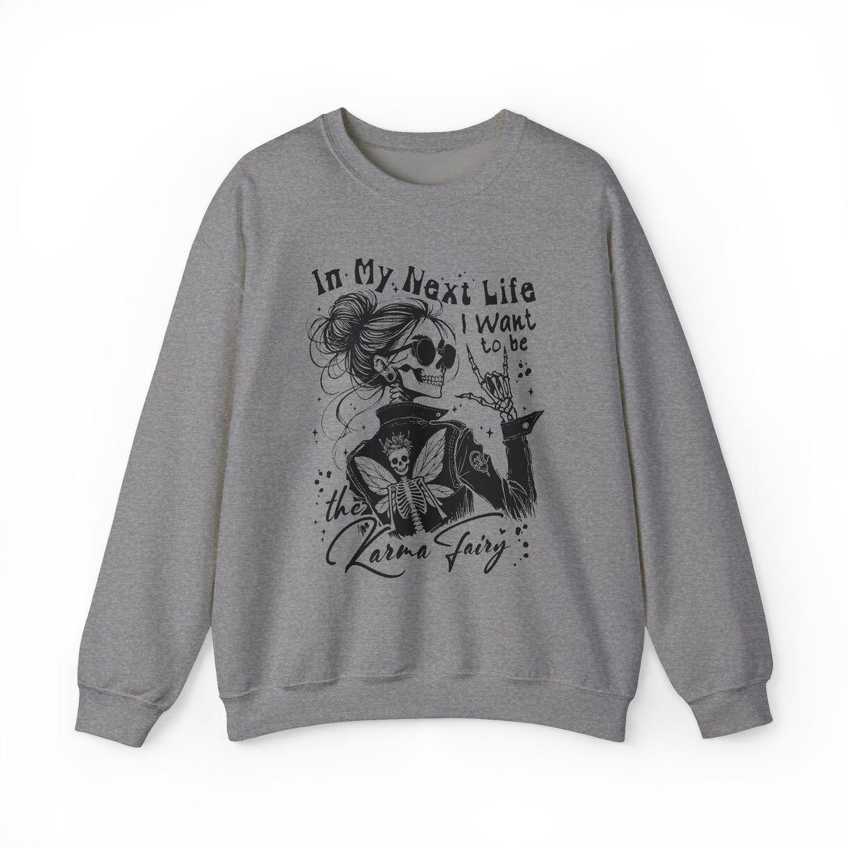Karma Fairy Skeleton Illustration Crewneck Sweatshirt | Goth Skull Art, Boho Butterfly