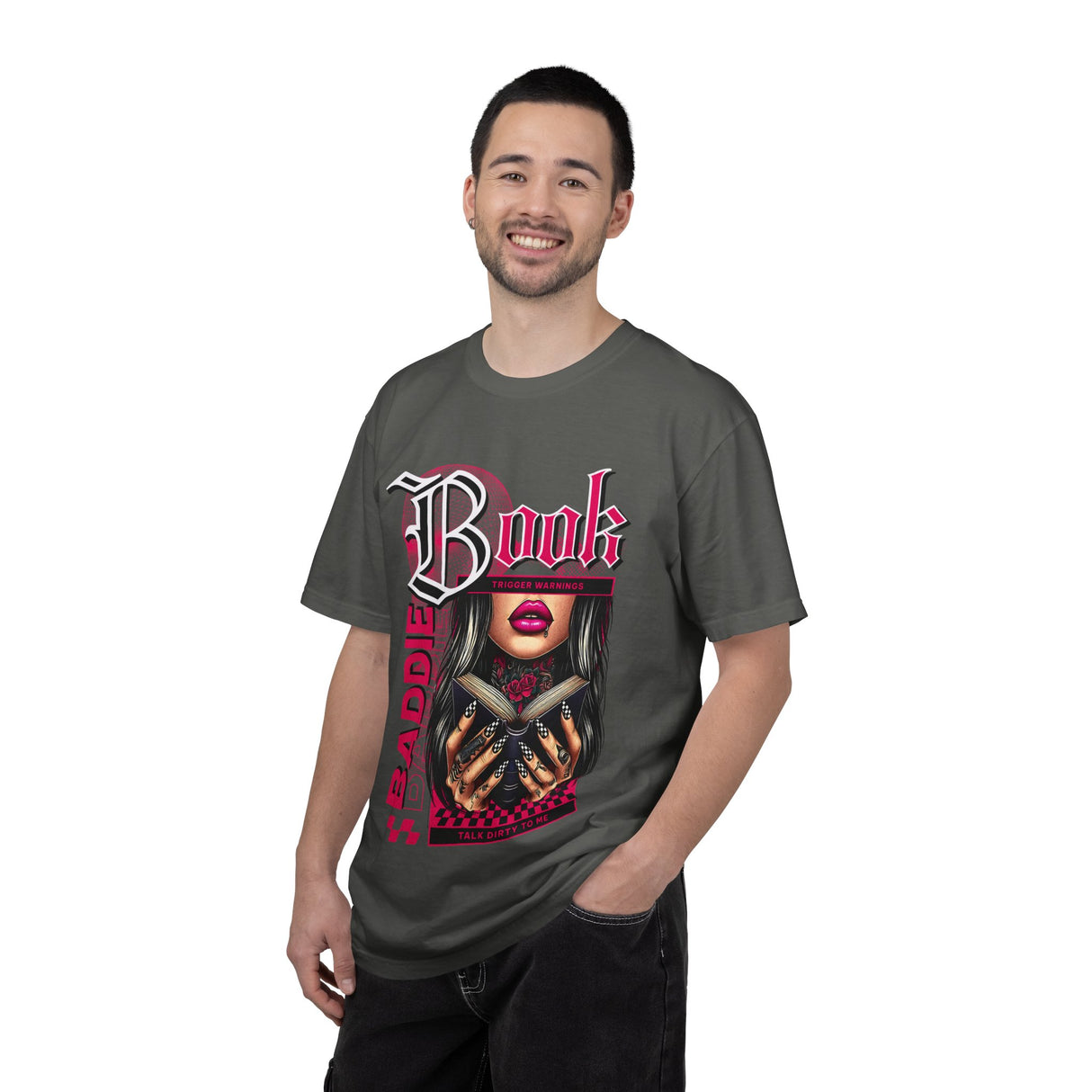 Baddie Book Graphic T-Shirt | Gothic Lip Art, Reading Girl Design