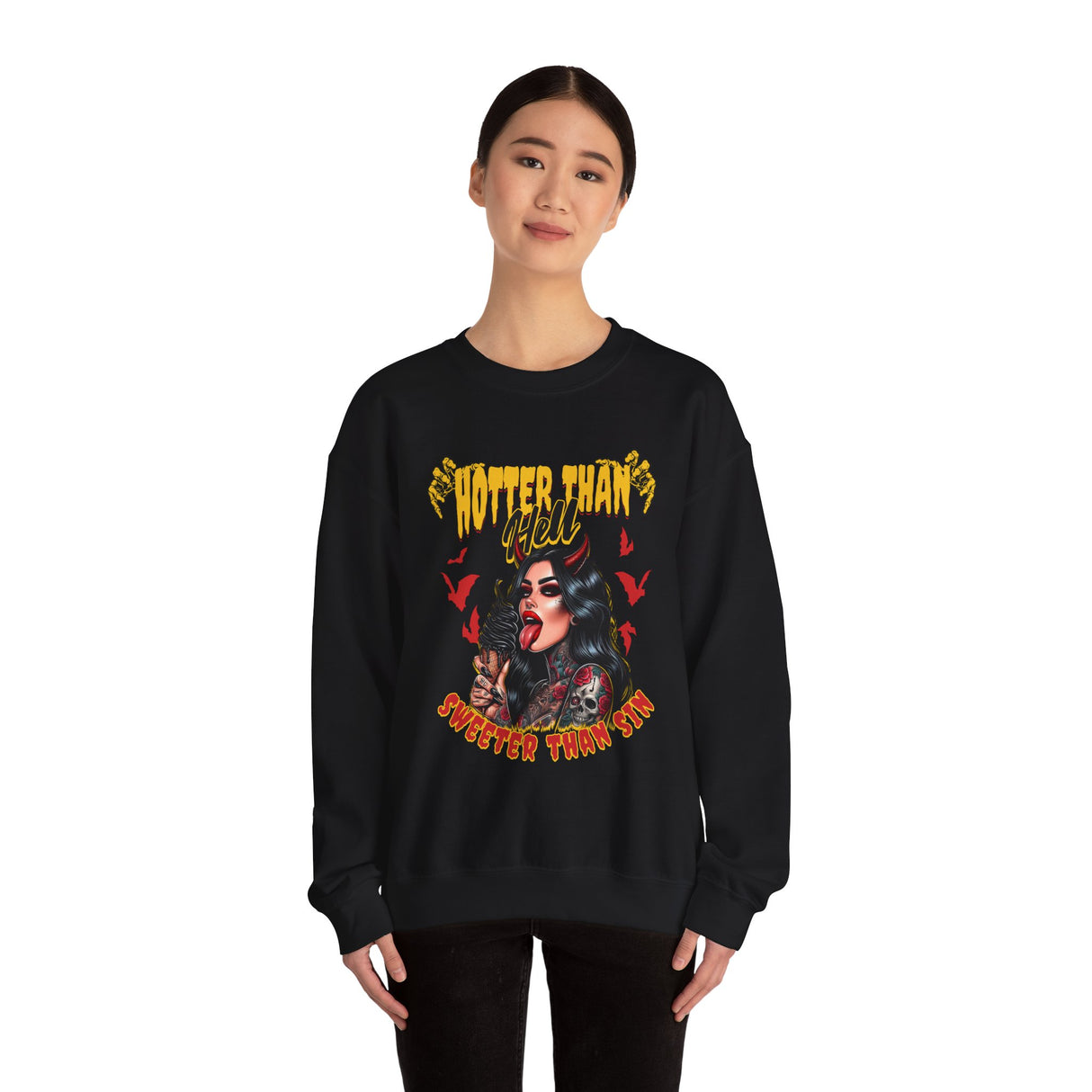 Hotter Than Hell Sweeter Than Sin Sweatshirt | Retro Tattoo Vampire, Gothic Horror