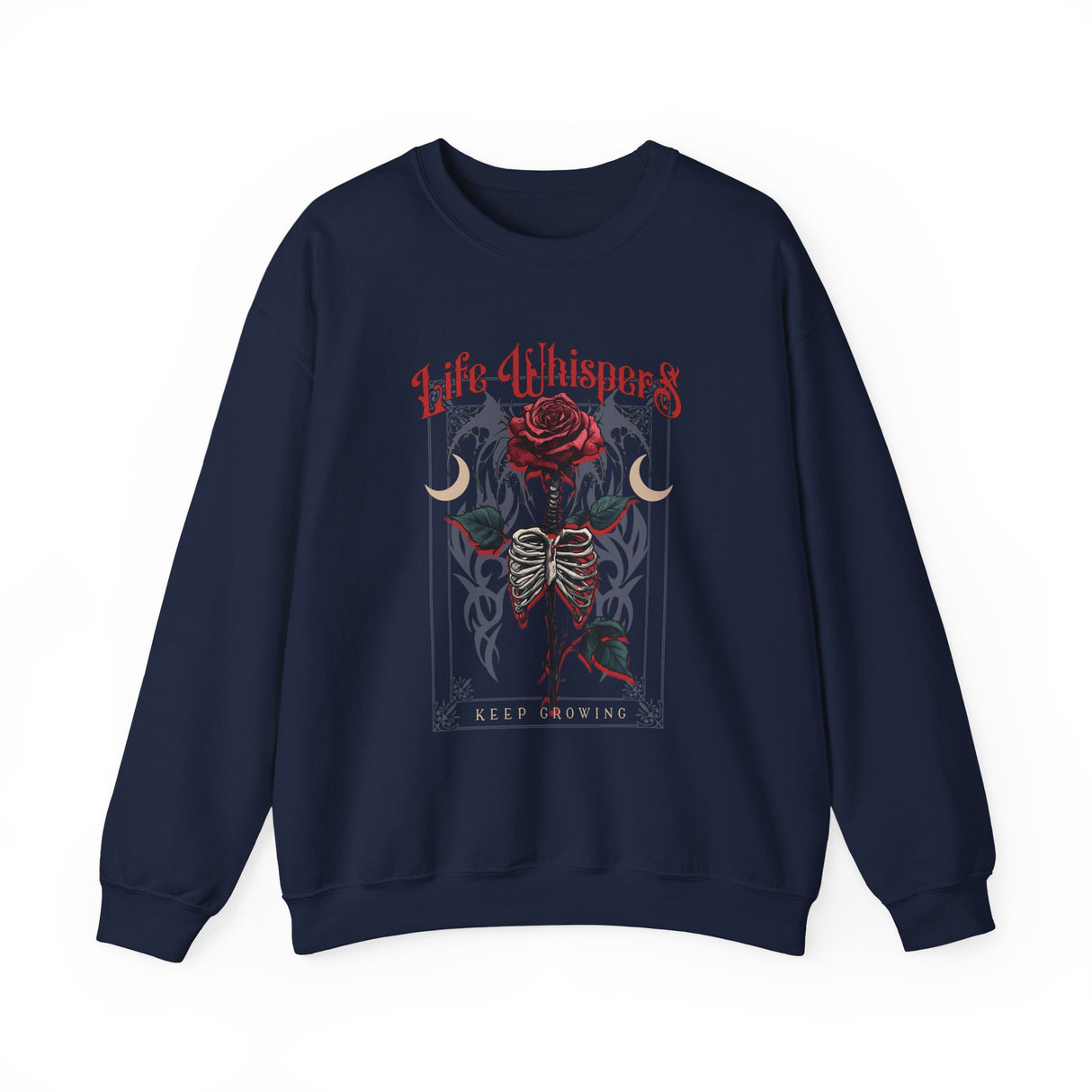 Life Whispers Keep Going Rose Skeleton Chest Crewneck Sweatshirt | Gothic Moon Graphic