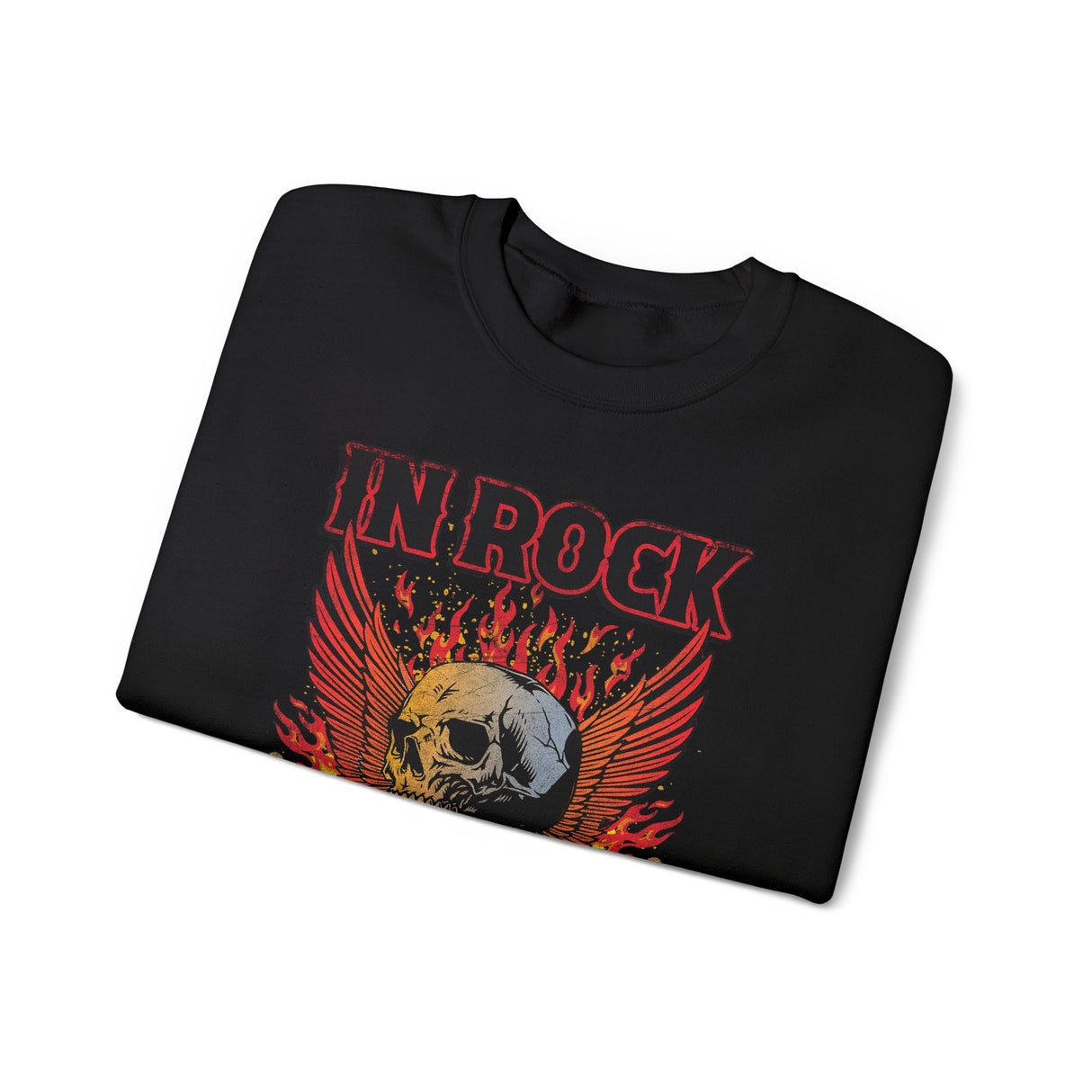 In Rock We Trust Skull with Flaming Wings Crewneck Sweatshirt | Rock Music Tee