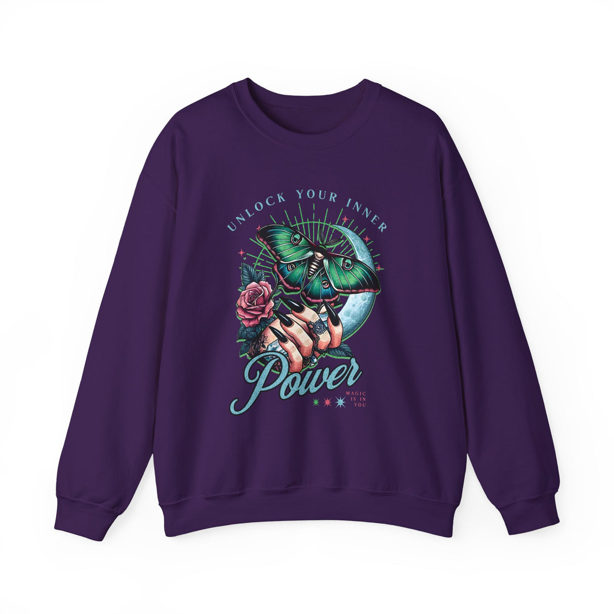 Unlock Your Inner Power crewneck sweatshirt | Moth, rose, moon illustration