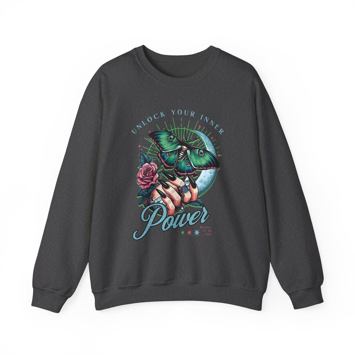 Unlock Your Inner Power crewneck sweatshirt | Moth, rose, moon illustration