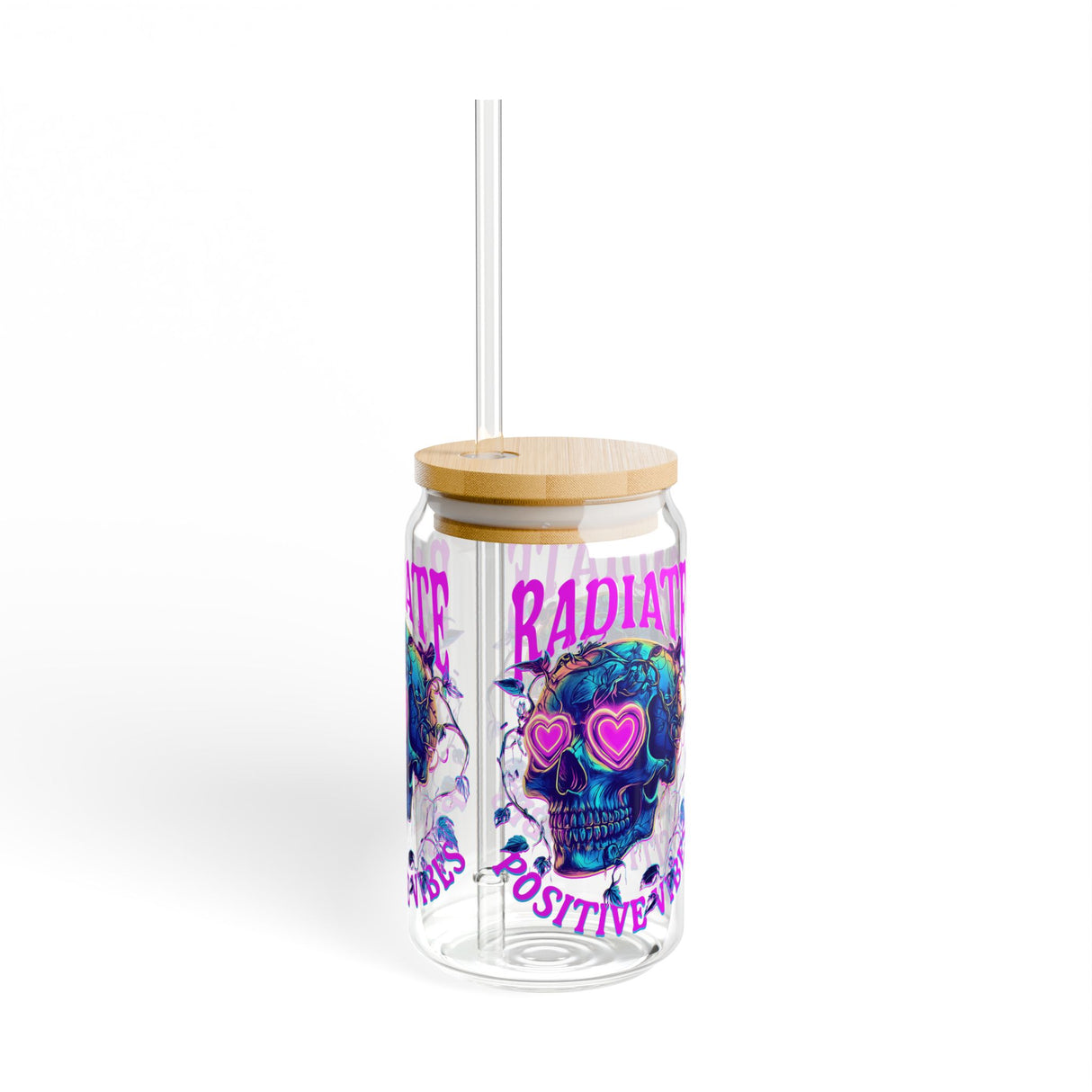 RADIATE POSITIVE VIBES- CRYSTALS & SKELEON - Sipper Glass - 16oz with Tattoo-Inspired Design