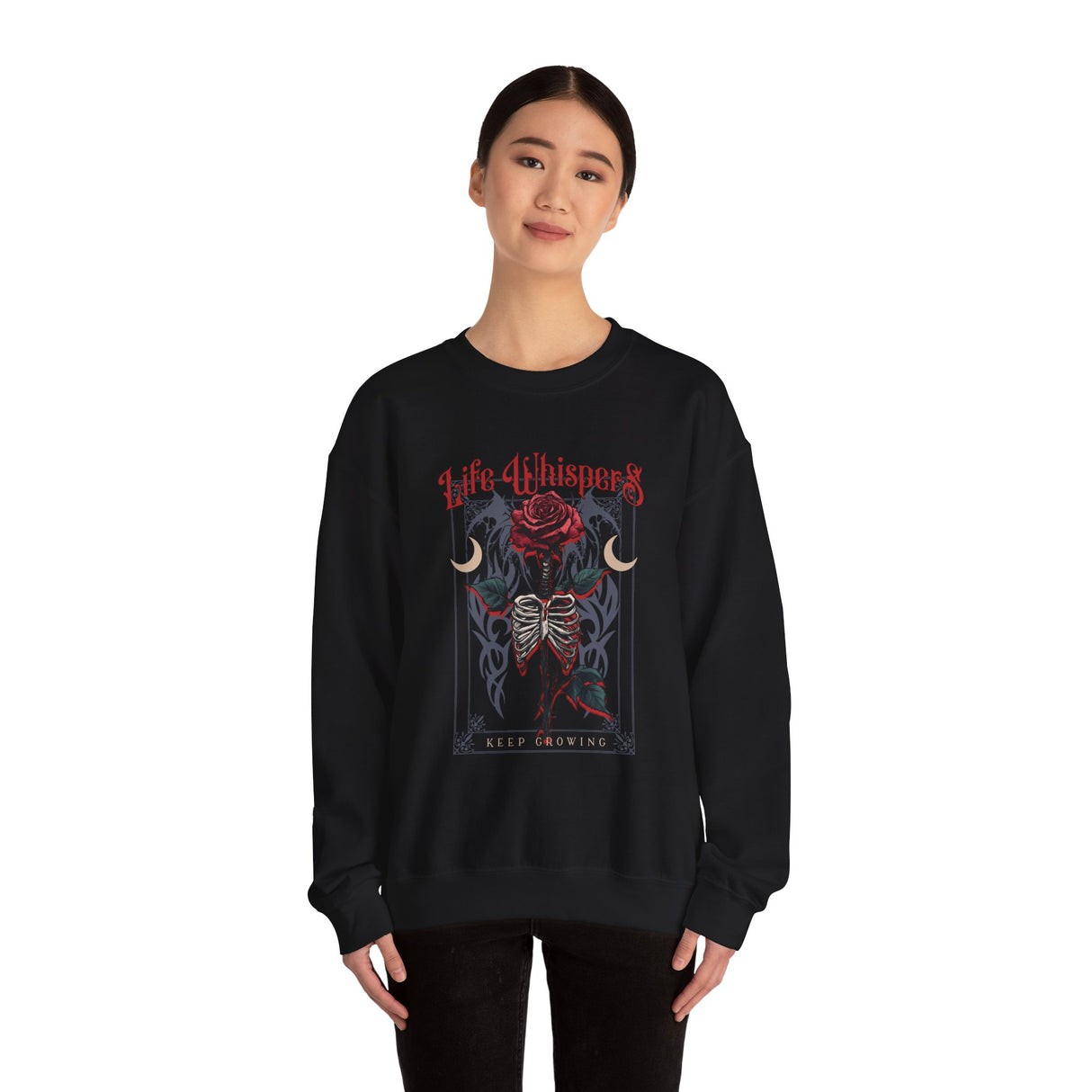 Life Whispers Keep Going Rose Skeleton Chest Crewneck Sweatshirt | Gothic Moon Graphic