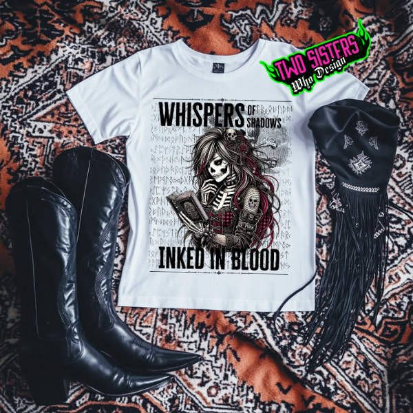 Whispers of Shadows, Inked In Blood White Comfort Color T Shirt or Sand Sweatshirt