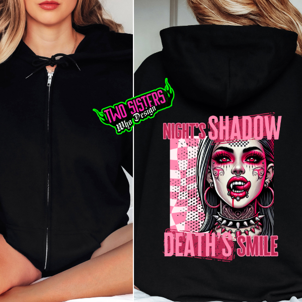 Night's Shadow, Death's Smile Black Zip Up Hoodie