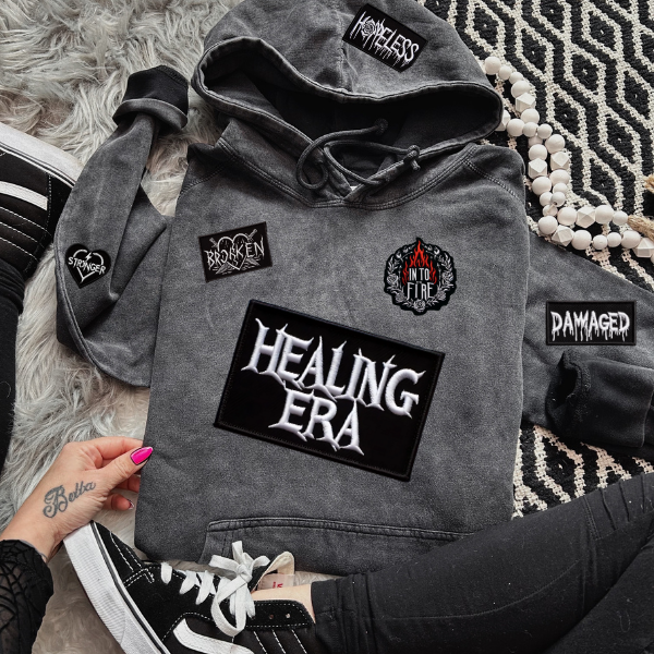 ***EXCLUSIVE***Healing Era & Other Mental Health Faux Patches Black Mineral Wash Hoodie