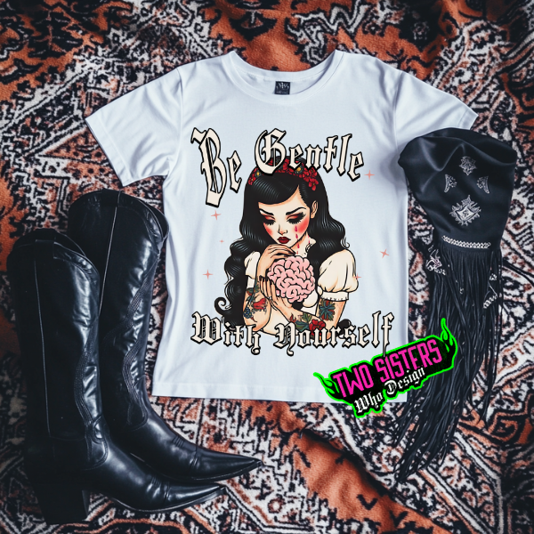 Be Gentle With Yourself Pin Up Mental Health Burgundy Zip Hoodie, Burgundy Sweatpants, or White Comfort Color TShirt