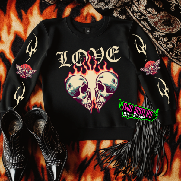 Love in the Shadows: Skeleton Graphic Black Sweatshirt + Full Sleeve Graphics