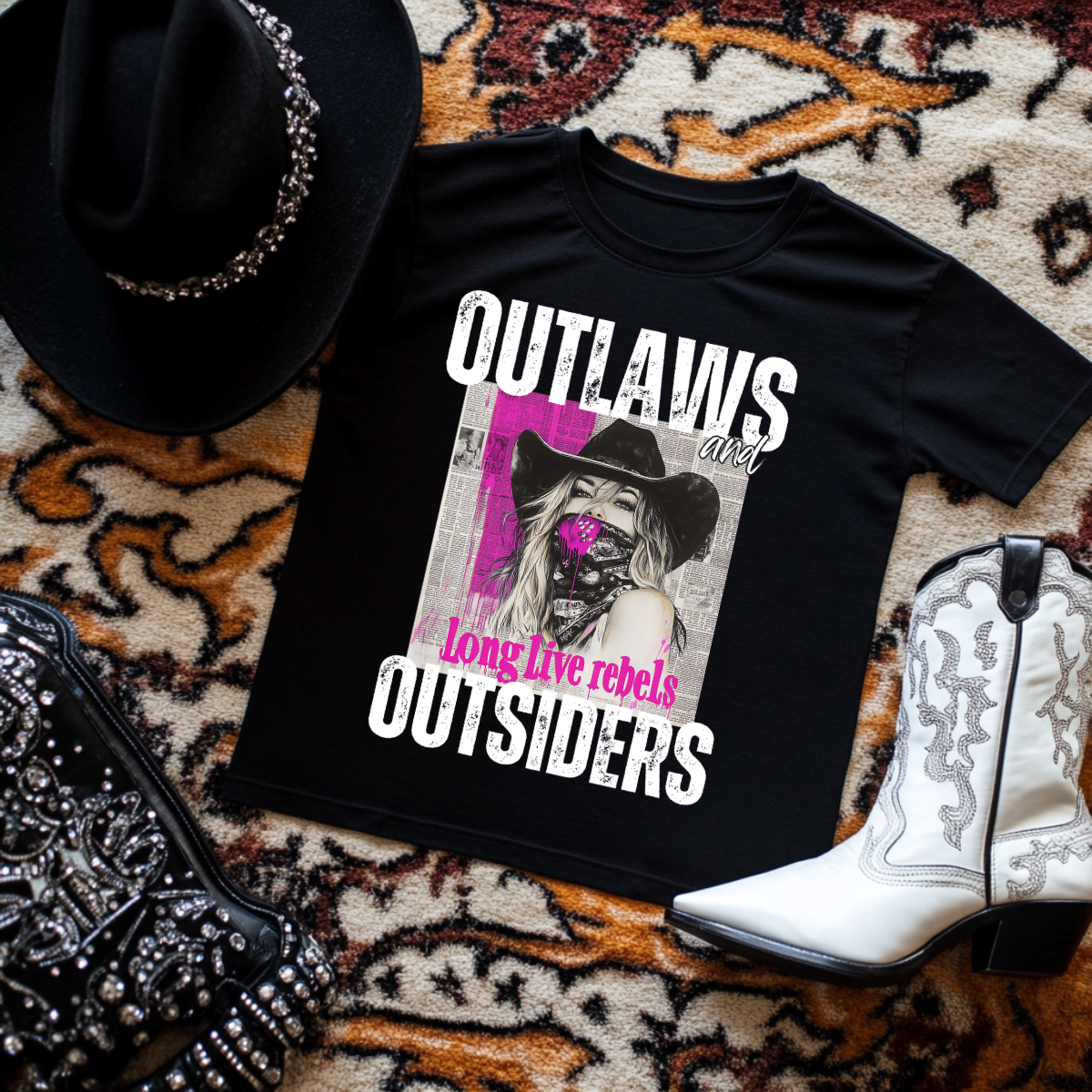 Outlaws and Outsiders Long Live Rebels Cowgirl Black TShirt