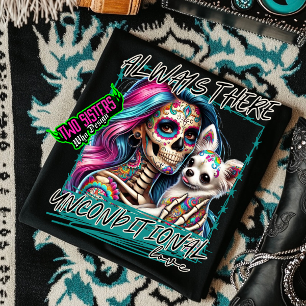 ***CUSTOMIZE******EXCLUSIVE***ALWAYS THERE, UNCONDITIONAL LOVE ๐พ (WHITE) Chihuahua Mom & Skeleton Design Black TShirt, Sweatshirt or Hoodie