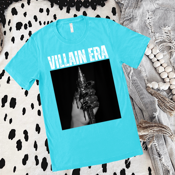 ***NEW COLOR***Villain Era with Wtiches Hand and Glitter Caribbean Blue TShirt