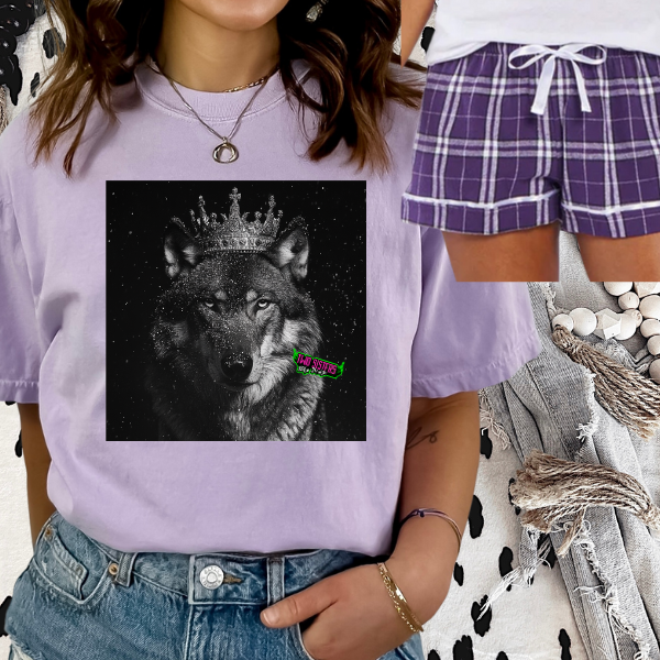 ***BUY INDIVIDUALLY***Lavender Tee – “Wolf Wearing a Tiara” + Pajama Set Option