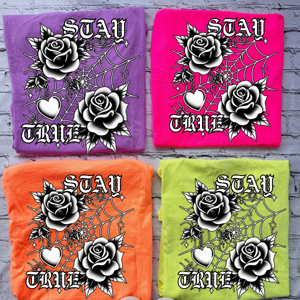 "Stay True" T-Shirt - Neon Orange, Pink, Green, and Purple