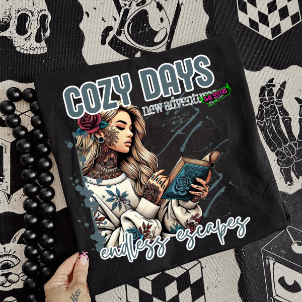 ***EXCLUSIVE***Cozy Days, New Adventures, Endless Escapes Book Theme - Black TShirt, Sweatshirt, Hoodie, or Zip Up Hoodie